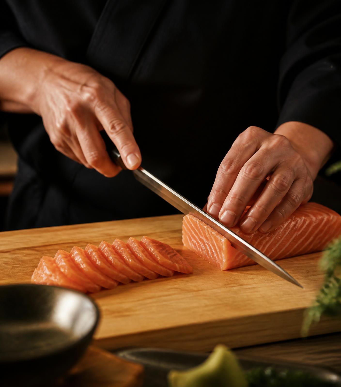 Chef slicing fresh salmon sashimi with a yanagiba knife on a wooden cutting board.