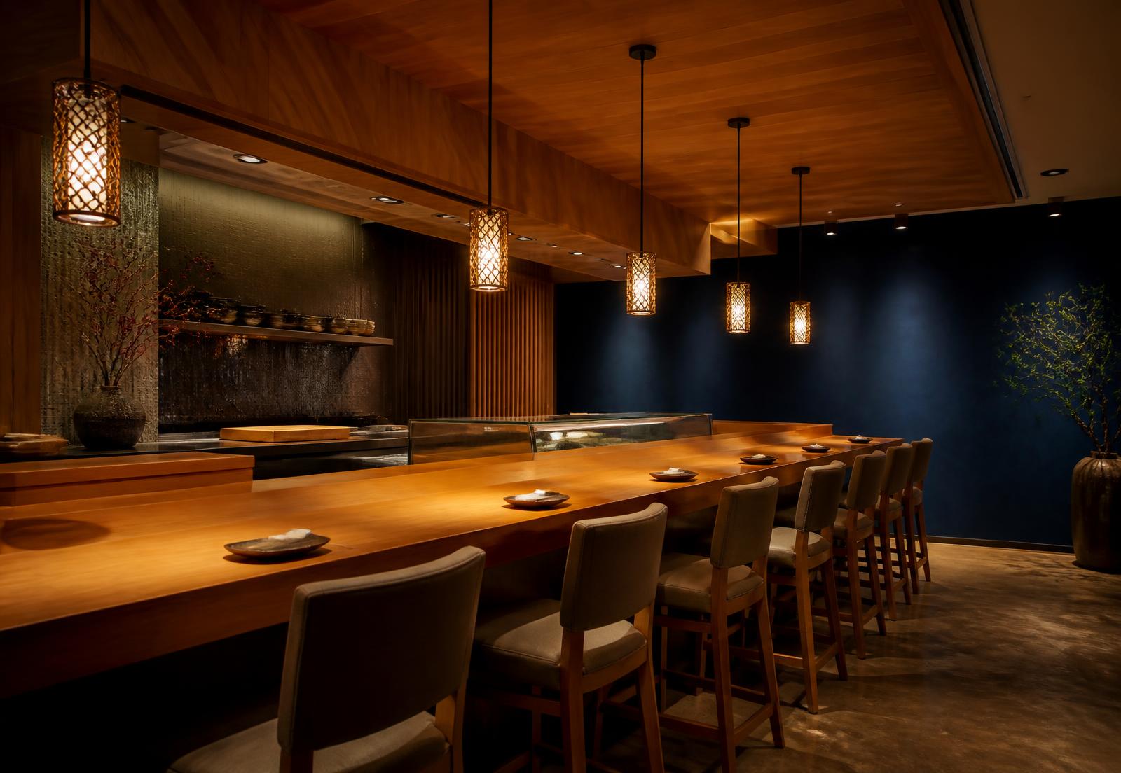 Interior of Nobu Sushi's counter and dining room.